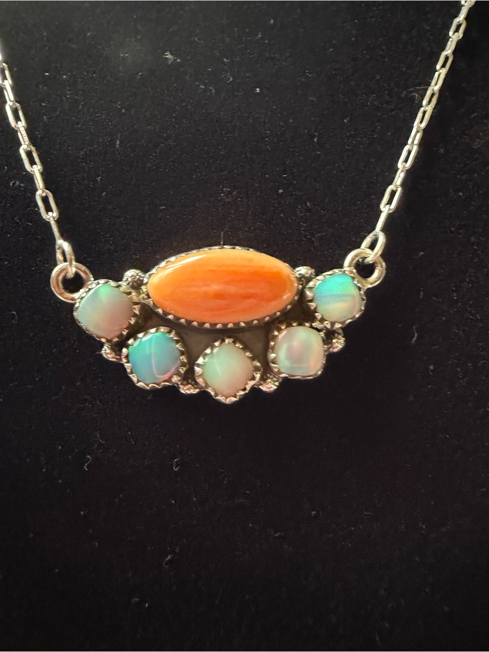 Sterling Silver Orange Spiny and Opal Accent Pendant Paperclip Chain Necklace